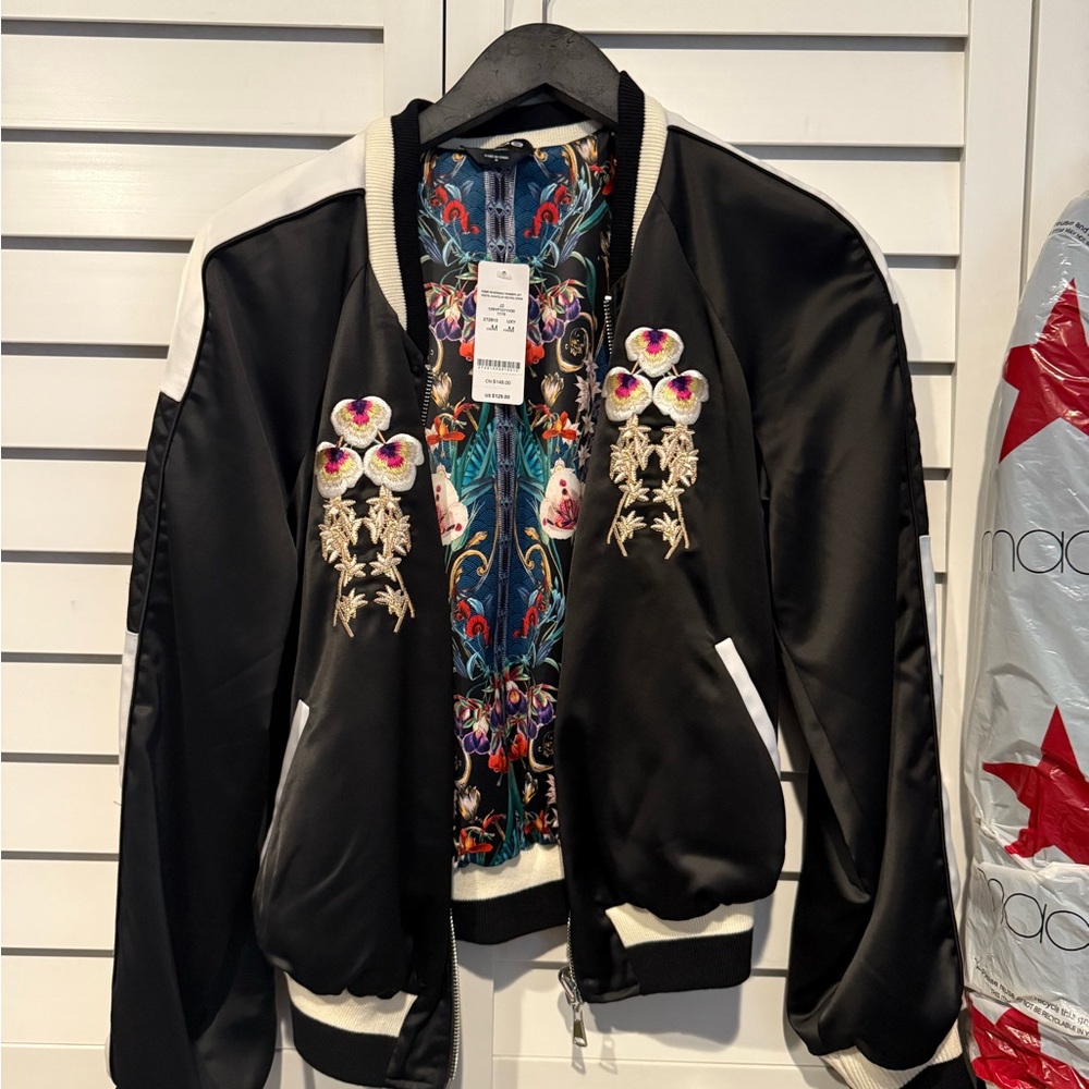 bebe Black and White Floral Bomber Jacket